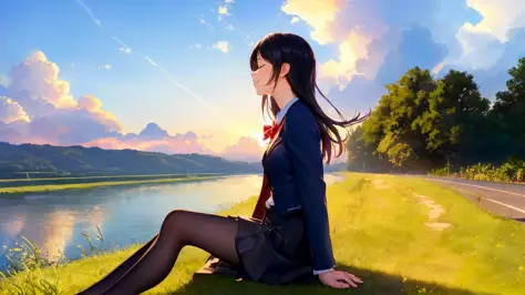 (photorealistic),((best quality)),(masterpiece),(ultra detailed),(ultra high res),(morning),(riverbank),highway,sunlight,cloudy sky,wind,(light smile:0.8),profile,1girl,(small breasts),sitting on grass,closed eyes,medium hair,black hair,bag,school uniform,black pantyhose,