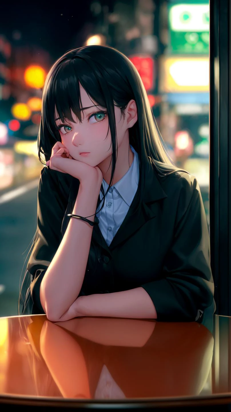 photorealistic,((best quality)),(masterpiece),(ultra detailed),(ultra high res),(pov across table),(arm support),(arm rest),by the window,1girl,black hair,long hair,distracted,sitting,collared shirt,night,cafe,looking away,neon lights,streetspace
