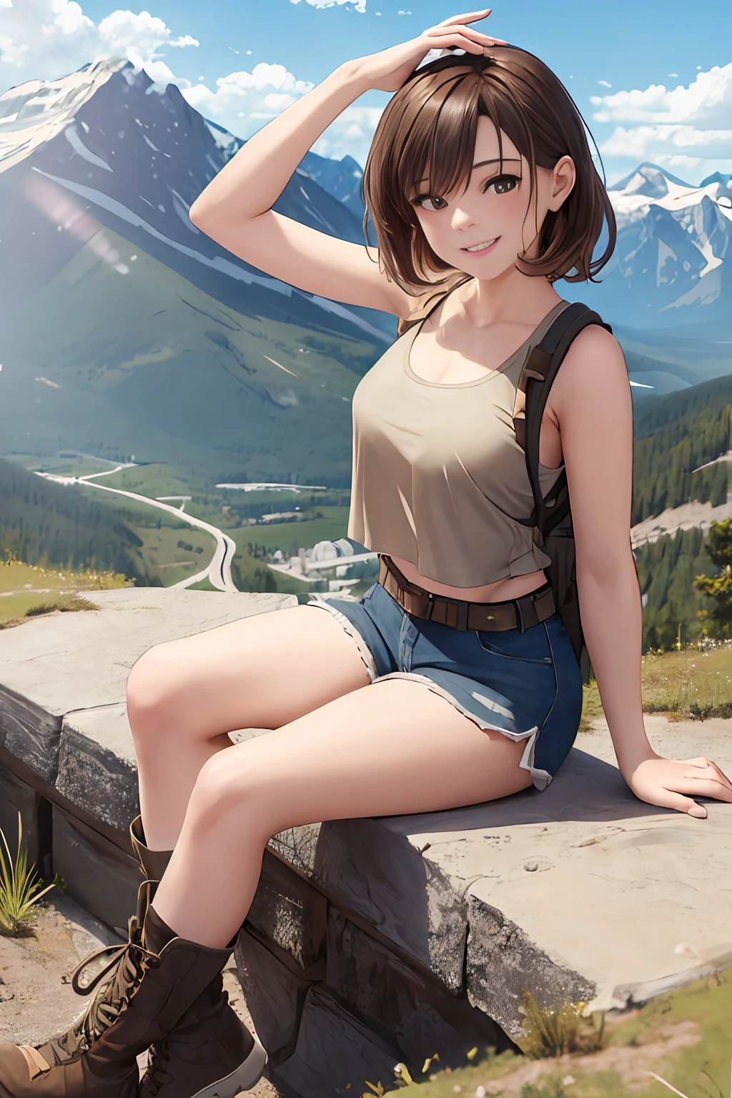 ((best quality)), ((masterpiece)), (detailed), young girl, hiking, minishort, loose tank top, boots, smiling, mountain, beautiful lighting, sunny, mountain trail, partly cloudy