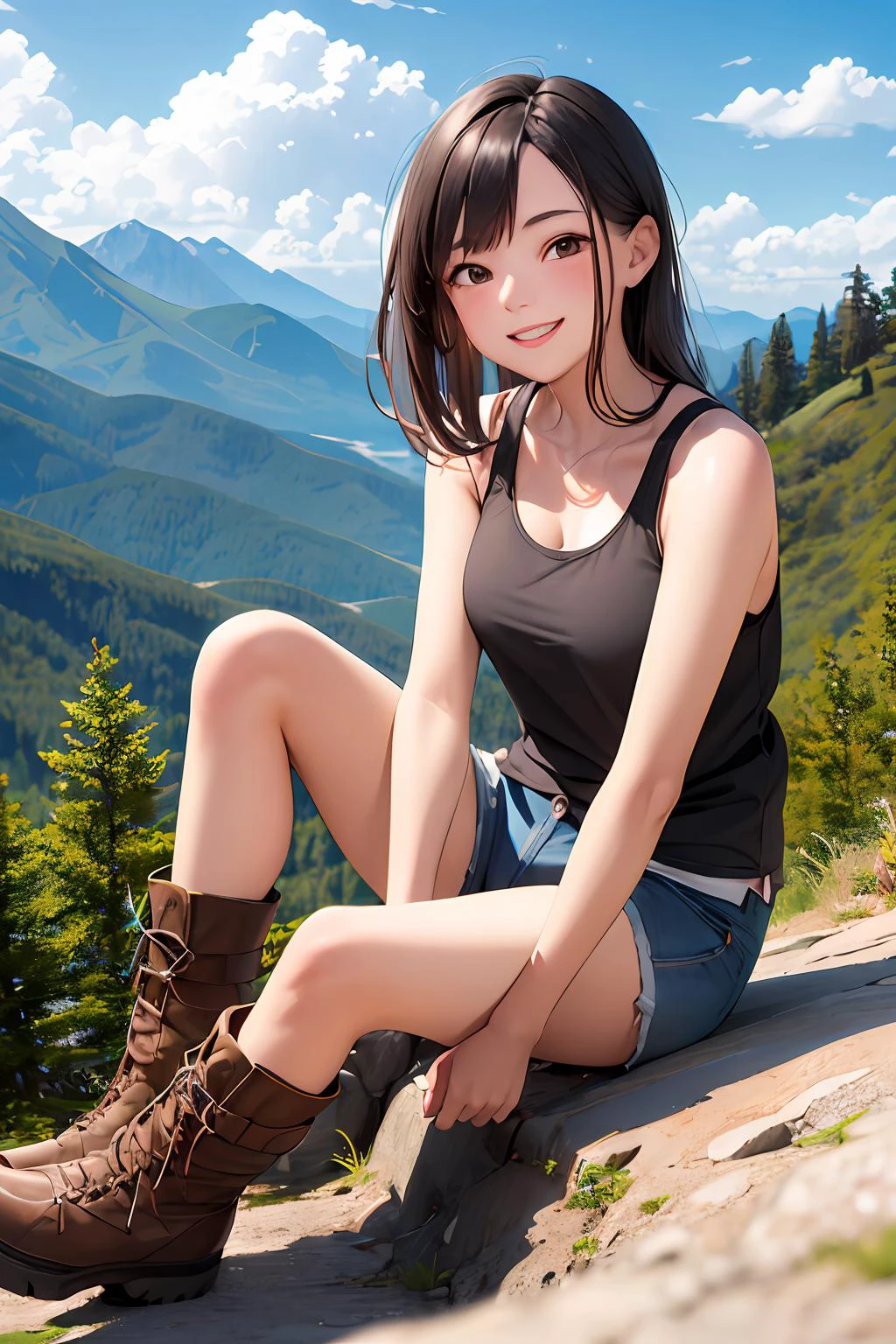 ((mejor calidad)), ((Obra maestra)), (detallado), niña, senderismo, minishort, Camiseta sin mangas suelta, botas, sonriente, montaña, hermosa iluminación, soleado, montaña trail, parcialmente nublado