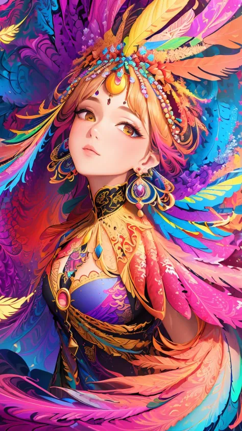 ((fractal art)),((masterpiece,best quality,extremely detailed,ultra high res,detailed background)),(((abstract background))),(1girl),((colorful)),flowers,(shiny skin),((many colors)),(earrings),feathers