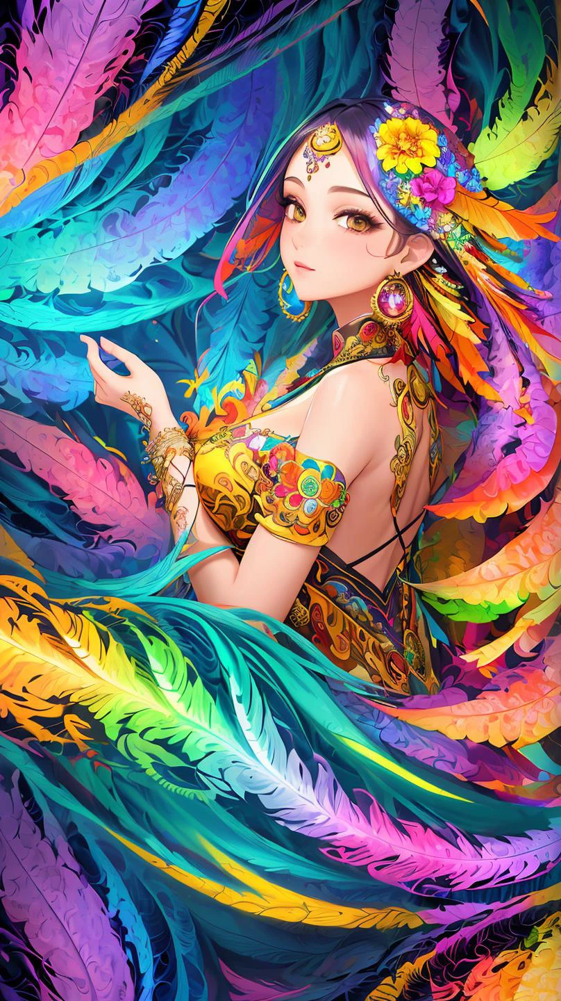 ((fractal art)),((masterpiece,best quality,extremely detailed,ultra high res,detailed background)),(((abstract background))),(1girl),((colorful)),flowers,(shiny skin),((many colors)),(earrings),feathers