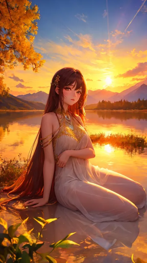 ((masterpiece,best quality,extremely detailed,ultra high res,detailed background)),1 girl,serene expression,mesmerizing eyes,straight long hair,flowing dress,poised posture,porcelain skin,subtle blush,crystal pendant,BREAK 
golden hour,((rim lighting)),warm tones,sun flare,soft shadows,vibrant colors,painterly effect,dreamy atmosphere,BREAK 
scenic lake,distant mountains,willow tree,calm water,reflection,sunlit clouds,peaceful ambiance,idyllic sunset,