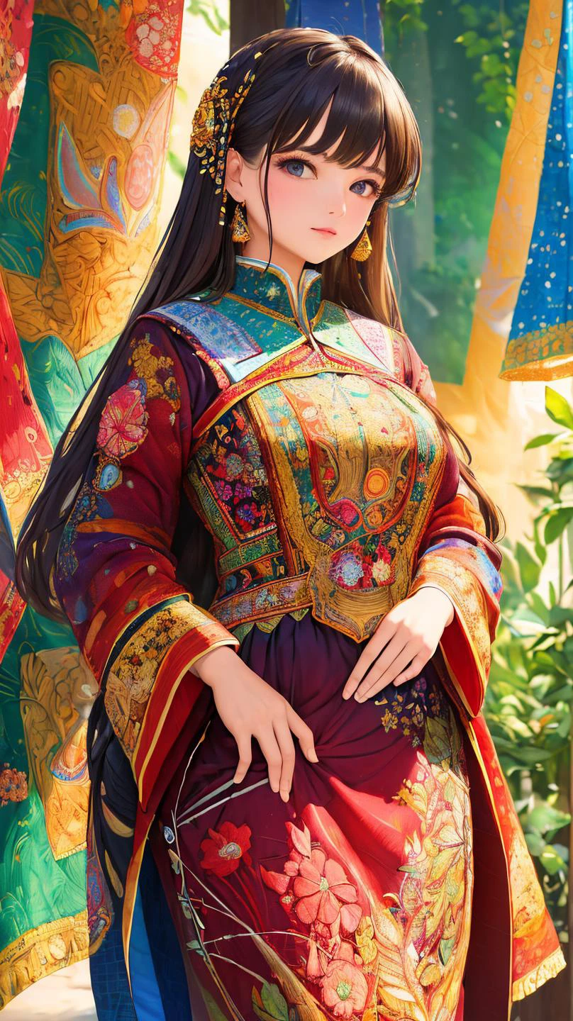 ((masterpiece,best quality,ultra detailed,ultra high res,detailed background)),(1 girl,solo:1.1),Regular,stylish pose,textile art,fiber manipulation,woven designs,fabric collage,quilting,embroidery,innovative techniques,tactile creations