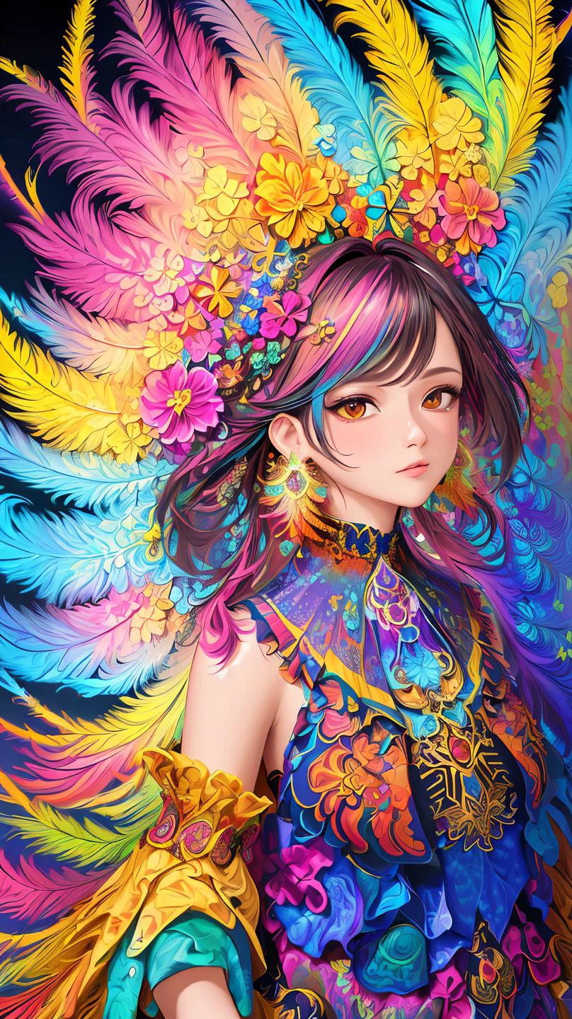 ((fractal art)),((masterpiece,best quality,extremely detailed,ultra high res,detailed background)),(((abstract background))),(1girl),((colorful)),flowers,(shiny skin),((many colors)),(earrings),feathers