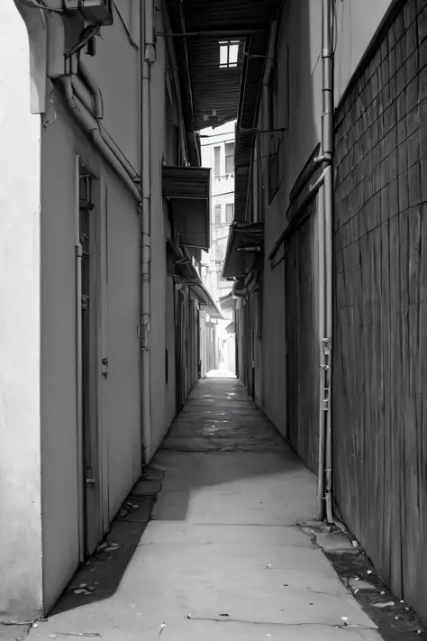 ((masterpiece,best quality,ultra detailed,ultra high res,detailed background)),chiaroscuro,street,alley,greyscale,