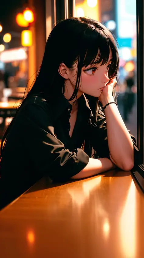 (ultra detailed,ultra high res,detailed background),(night),(distant),chiaroscuro,cafe,indoors,solo focus,streetspace,neon lights,pov,(by the window),1girl,sideways,facing away,(looking away),black hair,long hair,distracted,sitting,black collared shirt,(arm support),