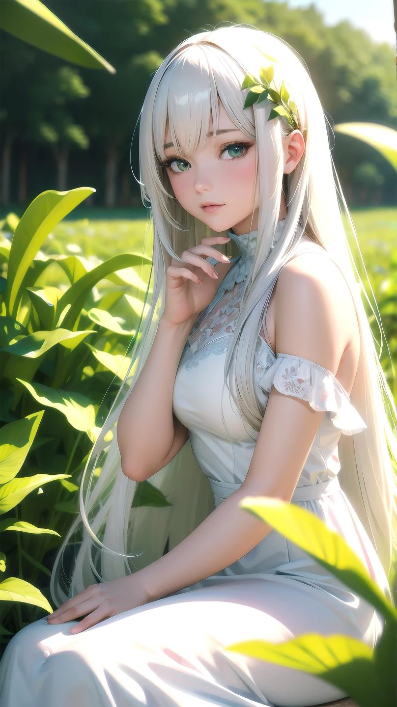 ((ultra detailed,ultra high res,detailed background)),1girl with long white hair sitting in a field of green plants and flowers, her hand under her chin, warm lighting, white dress, blurry foreground