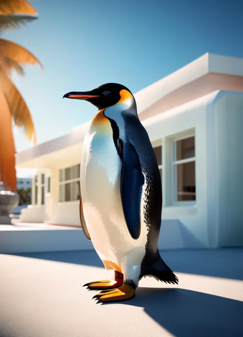 a (penguin:1.3) visiting streamline moderne at miami, subsurface scattering, photorealistic, hyperrealistic, analog style, reali...