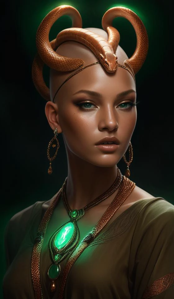 photo of alopecia naughty teen medusa, cobras grow from her head, wearing an embroidered rusty tunic, dark background, intricate, elegant, copper and emerald jewelry, glowing lights, highly detailed, digital painting, artstation, concept art, smooth, sharp focus, illustration, art by wlop, mucha, artgerm, and greg rutkowski