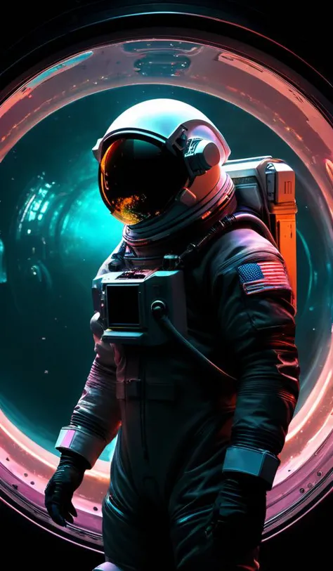 infrared concept art by craig mullins astronaut holds a black hole in his hands in futuristic dark and empty spaceship underwate...