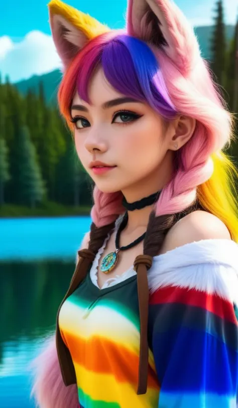 1girl, furry girl, anime furry women, ((best quality)), ((masterpiece)), ((realistic)), (detailed), portrait, close up, young female, RAW photo, uhd, dslr, rainbow hair, high quality, realistic, photo realistic, dreamlikeart, lens flare, upper body, looking at viewer, animal focus, furry, wolf fursuit, 1girl, cute, kawaii, lovely, fur, fur head, wolf head, narrow waist, wolf ears, chocker with rope, blush, paw, paw shoes, rainbow clothes, stunning gradient colors, no watermark signature, detailed background, woods, small lake with island, insanely detailed, ((masterpiece)), absurdres, HDR