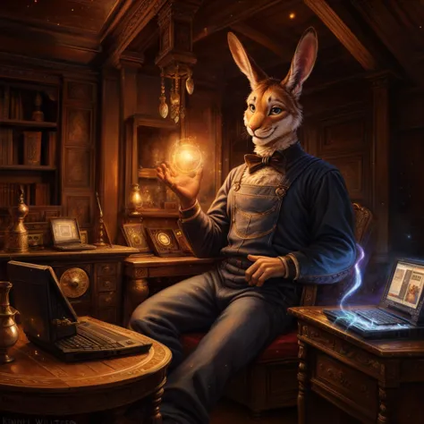 victorian theme, lagomorph, archmage rabbit, long ears, fancy clothing, overalls, smile, in a lavish victorian stage, vintage de...