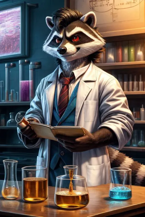 Barefoot furry character, full body, solo, furry male, vivid colors, cinematic.
Curious beefy raccoon teacher wearing a lab coat...