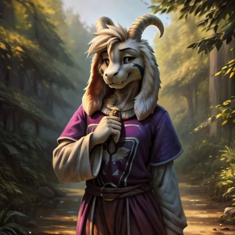 a close up of a goat in a purple dress standing in a forest