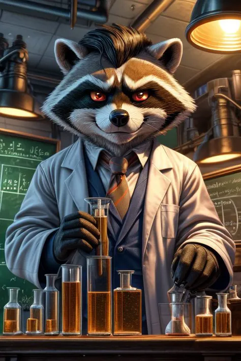 Barefoot furry character, full body, solo, furry male, vivid colors, cinematic.
Curious beefy raccoon teacher wearing a lab coat...