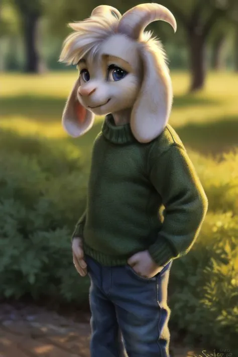 a close up of a cartoon goat wearing a sweater and jeans