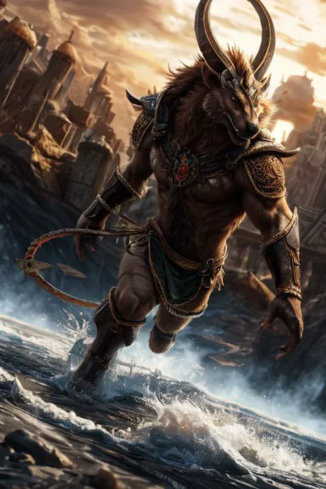 a man with horns and a sword in the water