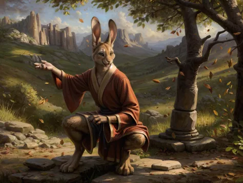 peaceful setting, serene scene, tranquility, joyful, magician, clothed, open smile, rabbit, long ears, robe, finger claws, on st...