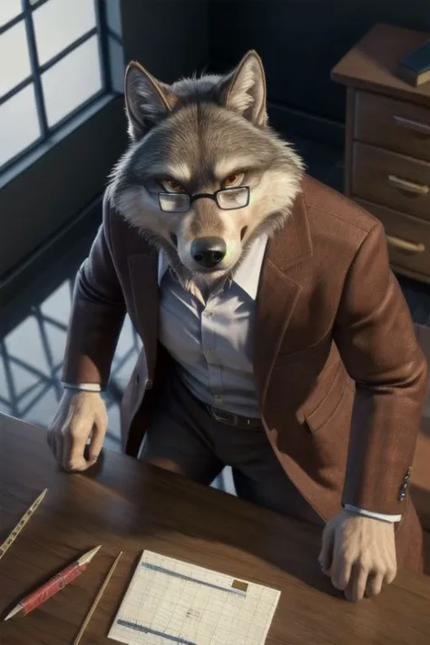 a close up of a person in a suit and tie with a wolf head