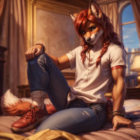 portrait, male fox, long red hair, detailed eyes, wearing white shirt, jeans, red shoes, finger claws, wristband, sitting on the...