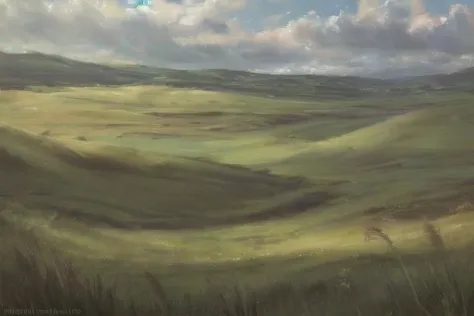 ((((landscape, nature, zero pictured, rolling hills, long grass, clouds, grass, prairie)))), ((by Pino Daeni, by Ruan Jia, by Fumiko, by Levelviolet, by Supplesee)), outside,