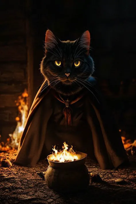 a black cat dressed as a witch with a caulder and fire