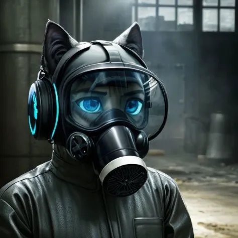 A humanoid black cat with blue eyes, short hair, pointy cat ears, a gas mask on his face, dressed in a chemical protection suit, surrounded by a toxic environment in a chemical factory. Ultra realistic photo. Oppressive atmosphere. Unix 5000 Gas Mask Model, Fluffy skin. Strict form