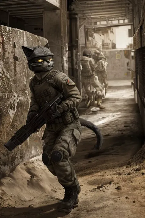 Anthro cat in military uniform, with a Kalashnikov assault rifle in his hands, takes aim at the target, looks through the sight,...