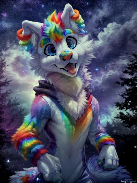 booper, fluffy fur, glistening blue eyes, wolf, rainbow mohawk, rainbow nose, white ears, smile, clothed, hoodie, night sky back...