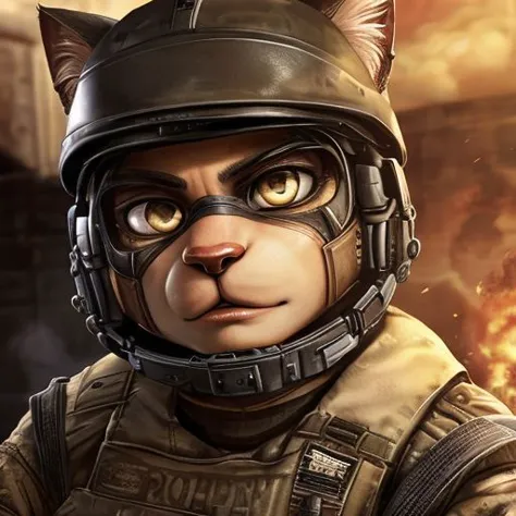 Anthro cat in military uniform, with a Kalashnikov assault rifle in his hands, takes aim at the target, looks through the sight,...