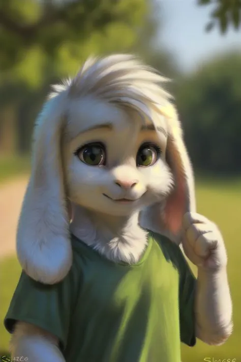 a close up of a cartoon bunny with a green shirt and a white rabbit hat