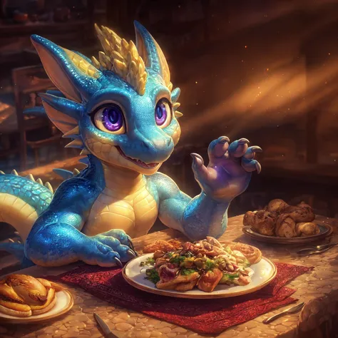 high detail, soft focus, analog style, subsurface scattering, masterpiece, best quality, 8k, god rays, warm lighting,
anthro, kobold, shimmer, detailed scales, table full of food, sat at table, wide eyes, glistening eyes, hands on cheeks, excited,