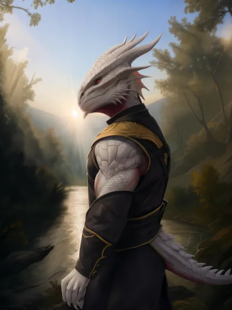 <lora:thedarkurge_v1_ep10:0.75> dragonborn \(dnd\), red eyes, scalie, male, horn, detailed white scales, clothed muscular, claws...