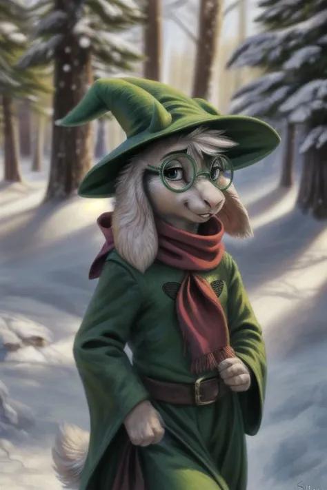 uploaded on e621, ((by Harriet Backer, by S1M, by The Giant Hamster, by Reylia Slaby, by Sabretoothed Ermine, by Supplesee)), ((detailed fluffy fur)), solo, kid, child, (goat), (((white fur))), (red scarf, green robe, green glasses), ((Ralsei)), white hair, cartoon, anthro, (soft shading), 4k, hi res, five fingers, paws, detailed hands, ((detailed face)), (((face portrait))), walking, (detailed background, snow, forest, winter, depth of field, half body shadow, sunlight, ambient light on the body), (masterpiece, best quality, ultra realistic, 4k, 2k, (intricate:0.9), (high detail:1.4), film photography, (soft focus:1.2), RAW photo, photorealistic, analog style, subsurface scattering, photorealism, absurd res)