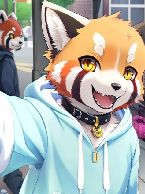 red panda, yellow eyes, candy, clothed, hoodie, collar, jewelry, outside, street, happy, smile, selfie, sharp teeth, kemono, by ...
