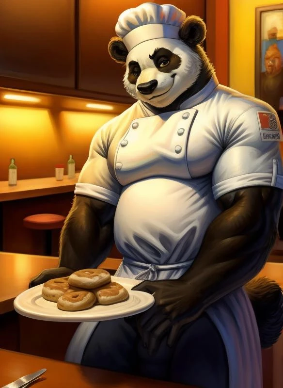 [muskulös::0.4] männlicher Pandabär, lächeln, eine Kochmütze in einem Restaurant tragen, Extrem detailliert,  Science-Fiction, Malerei, scharfer Fokus 