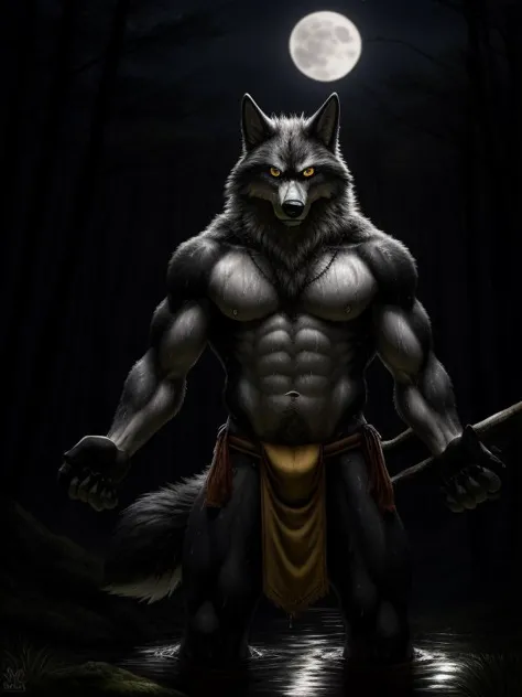 canid, wolf, white fur, detailed face, (shiny yellow eyes:1.2), detailed hands, solo, muscular, adult, chest tuft, tribal warrio...