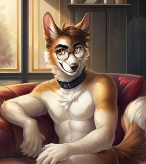 a male anthro dog, detailed dog fur, choker, glasses, smile, intricate, aesthetic, sitting on the sofa, UHD image, extremely det...
