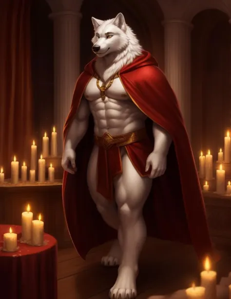 white wolf, detailed body, pecs, red cloak, walking in room, candles, light particles, (best quality), (masterpiece), (ultra det...