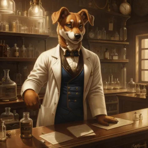 close-up portrait, dog wearing lab coat in a 19th century pharmacy shop interior, steampunk art, global illumination, pose, smil...