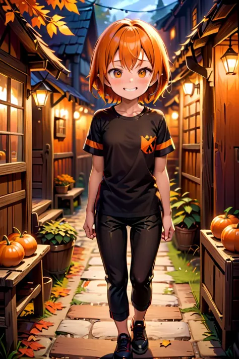 a woman standing in a alley with pumpkins and lanterns