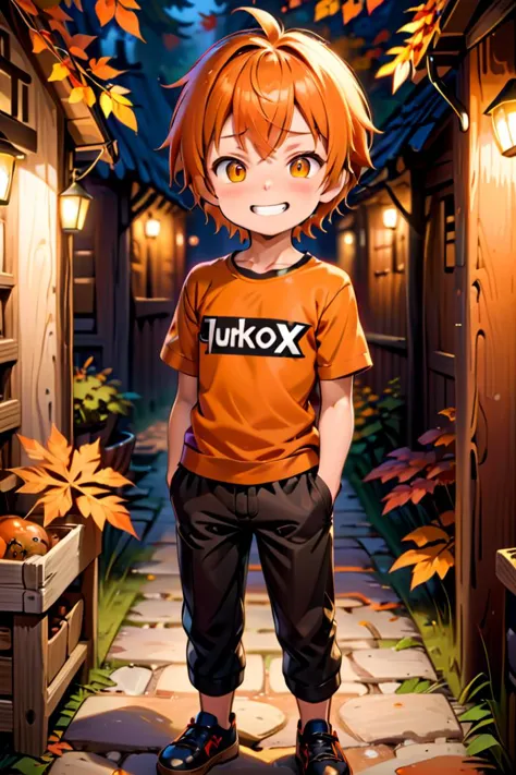 a cartoon boy standing in a alley with a box of pumpkins