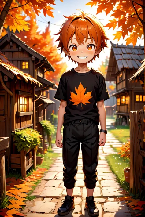 a boy in a black shirt standing on a brick walkway