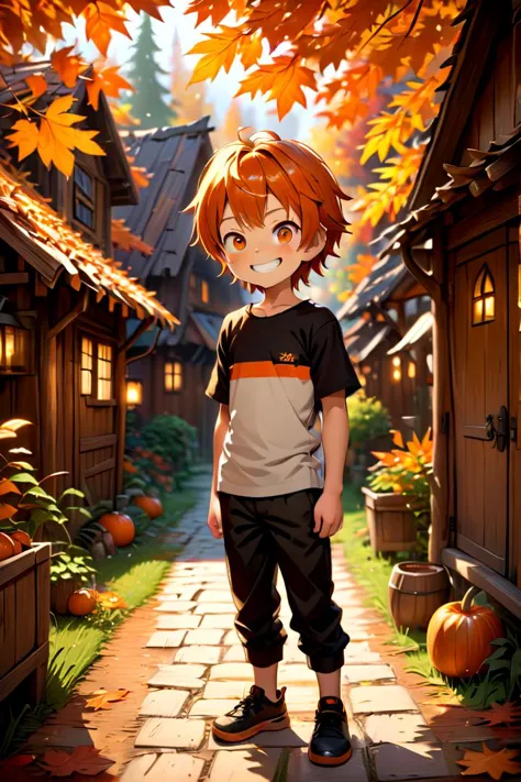 a boy standing in front of a house with a pumpkin