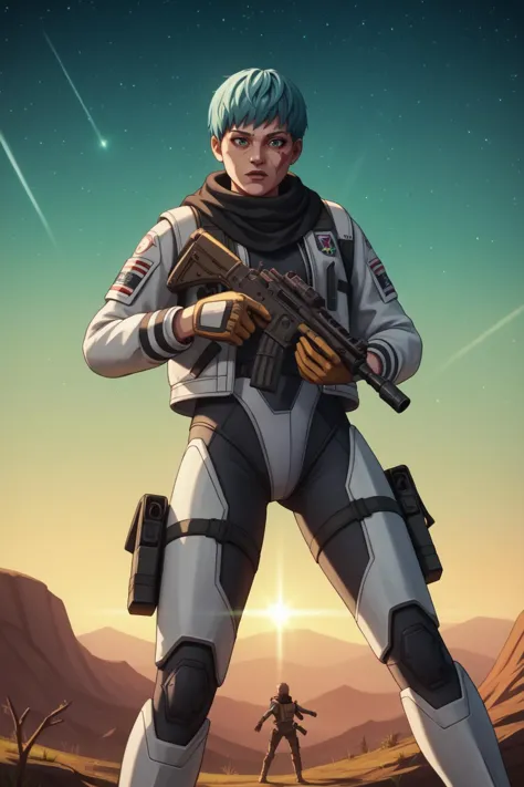 a woman in a space suit holding a rifle and standing in front of a mountain