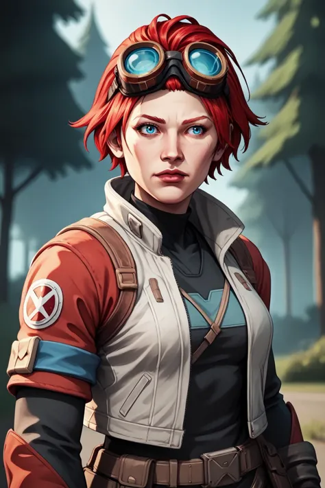 a woman with red hair and goggles stands in front of a forest