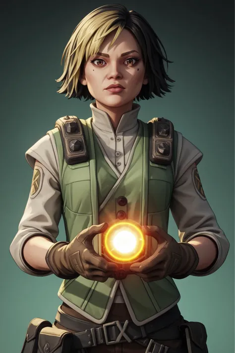 a woman in a green vest holding a glowing ball