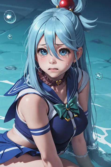 Highly detailed, High Quality, Masterpiece, beautiful, IncrsSMRCMeme, <lora:SailorMoonRedrawChallengeMeme:1>, aqua \(konosuba\), 1girl, blue eyes, blue hair, bubble, hair ornament, hair rings, long hair, single hair ring, very long hair, water, kono subarashii sekai ni shukufuku wo!, <lora:Char_Konosuba_Aqua:0.65>, crying, crying with eyes open, tears, streaming tears,