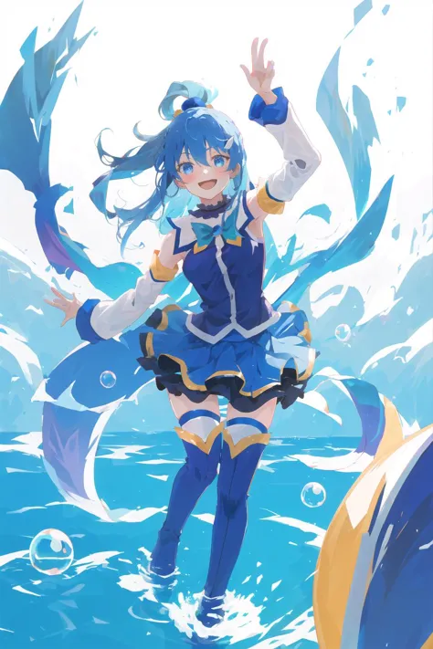 aqua \(konosuba\),
1girl, blue eyes, blue footwear, blue hair, blue thighhighs, blush, boots, breasts, bubble, detached sleeves, hair ornament, hair rings, leg up, long hair, looking at viewer, medium breasts, open hand, single hair ring, skirt, smile, solo, standing, standing on one leg, thigh boots, thighhighs, very long hair, water, white thighhighs,

kono subarashii sekai ni shukufuku wo!,

<lora:aqua_konosuba-000035:0.6>